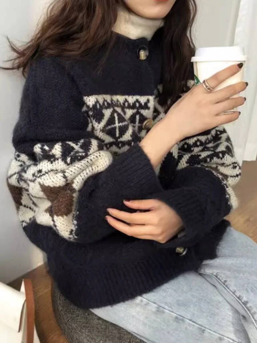 New Dia Knit Cardigan Women's 100% Pure Cashmere Lazy Loose Slim Top Retro Round Neck Sweater