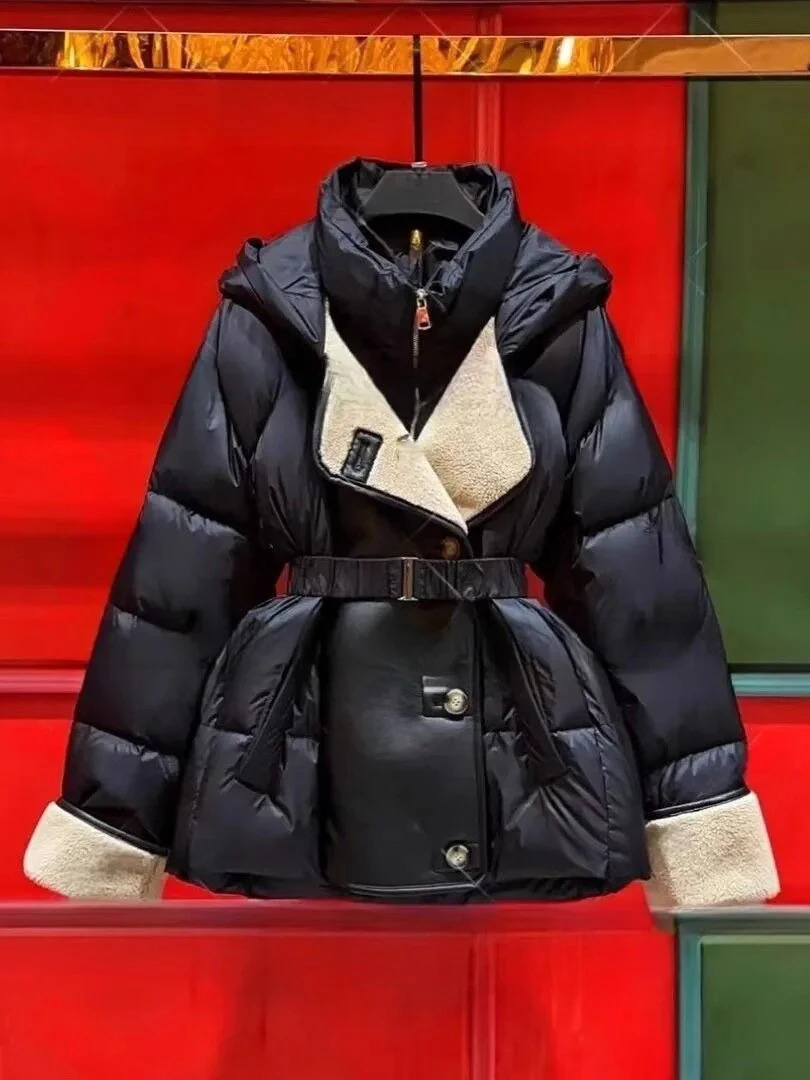 Winter Patchwork PU Leather Loose Parkas Female Hooded with Belt Down Jackets White Duck Casual Coat Puffer Jacket 251027