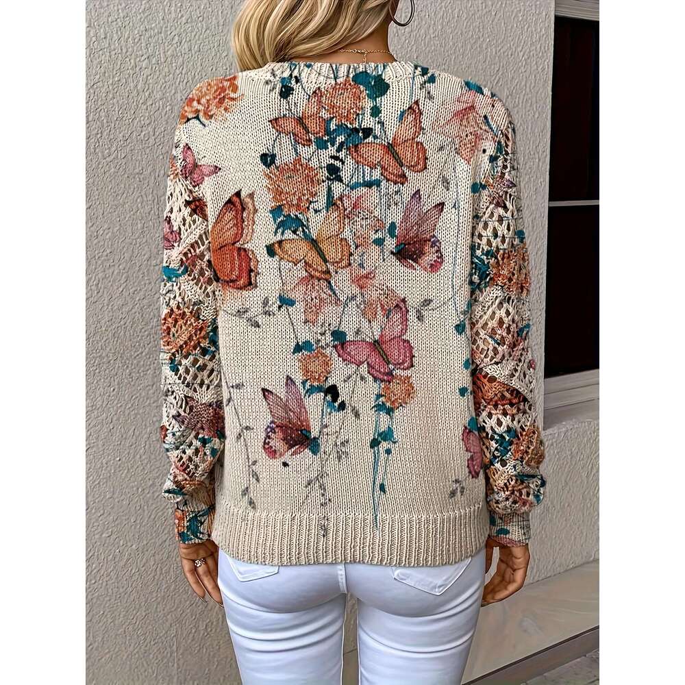 Graceful Autumn Winter, Spring Summer, Four-Season Style, Bohemian Fashion, Trendy Versatile V-Neck Long-Sleeve Women's Top With Butterfly Patter