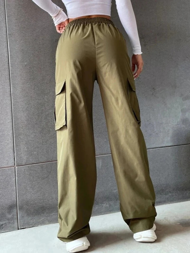 Y2K Solid Ripped Baggy Pants Fashion Women Pocket Elastic Waist Retro Straight Sweatpant Casual Streetwear Cargo Trousers 251027