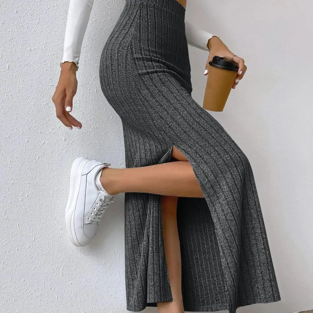 Fall Winter Skirt Knitted High Waist Thick Elastic Ankle Length Striped Slim Split Hem Sheath Women Maxi 251027