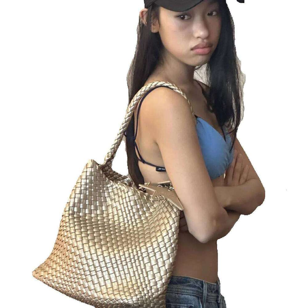 New Medium Champagne Color Woven Tote For Women, Large Capacity Handbag, Shoulder Bag, Crossbody Bucket Bag Cowhide Woven Bag