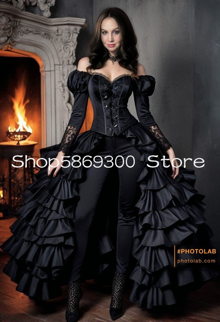Black Gothic Jumpsuit Rvening Fresses Off Shoulder Corset Lace-up Ruffles Tiered Skirt Masquerade Prom Gown Customsized