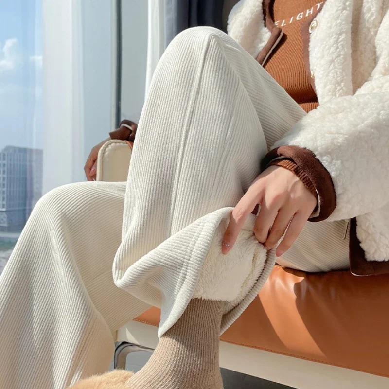 High Waist Warm Trousers Fashion Winter Fleece Thickened Womens Pants Solid Color Loose Elastic Straight Casual 251027