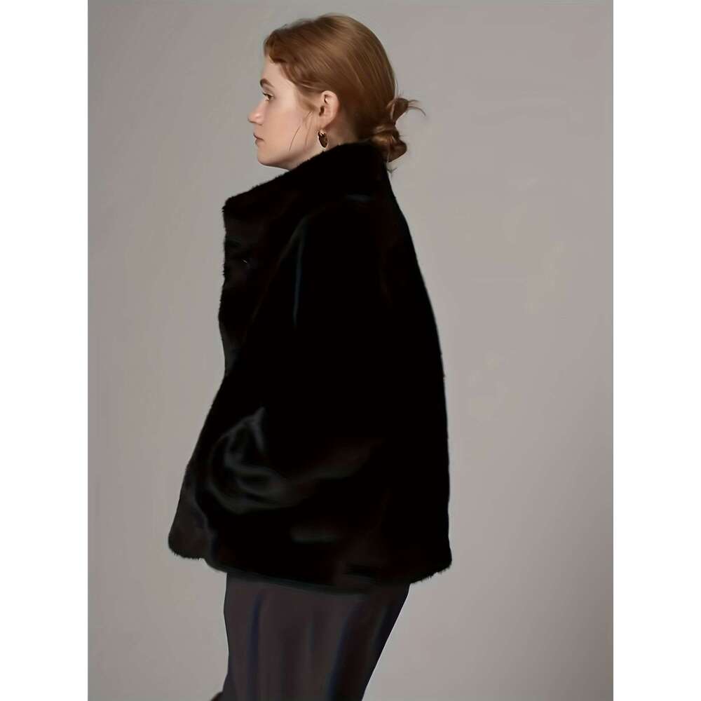Women's Chic Faux Fur Coat - Thick Warm Short Length With Drop Shoulder Sleeves, Solid Color, Single Button Closure, Regular Fit Fall/Winter, Sty