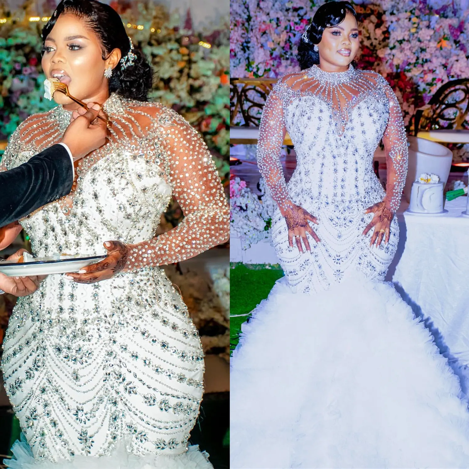 Arabic Aso Ebi Plus Size Mermaid Wedding Dress in Ivory with Luxurious Beaded Crystals Full Sleeves and Tulle Tiers