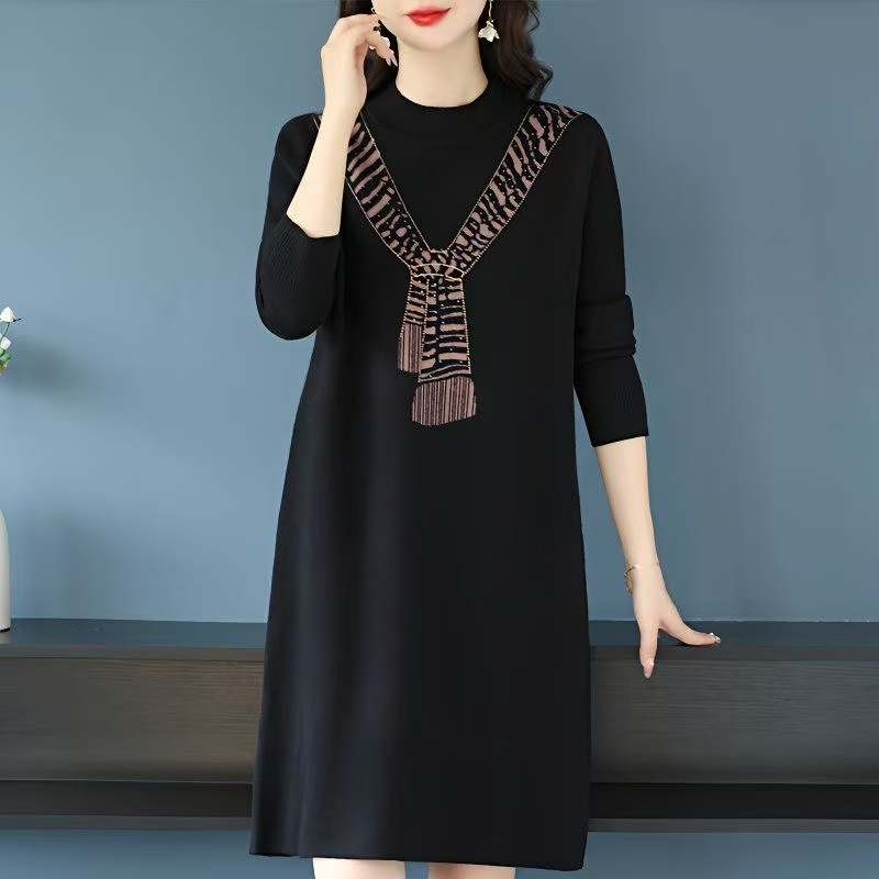 plus size women's new long sleeve high waist printed banquet dress mid-length skirt D02762