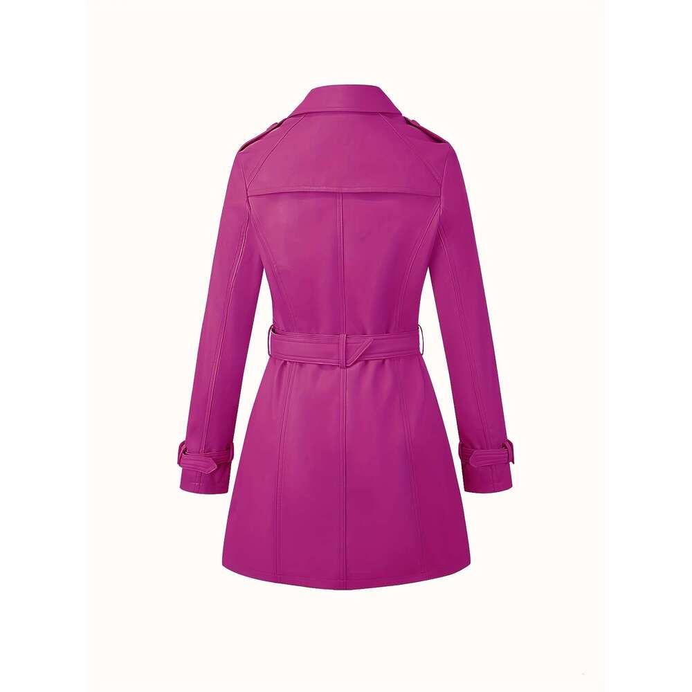 Elegant Windbreaker Lightweight PU Windbreaker Women's Jacket | Elegant Mid-Length Belted Coat With Adjustable Waist, Solid Black For Spring/Fall