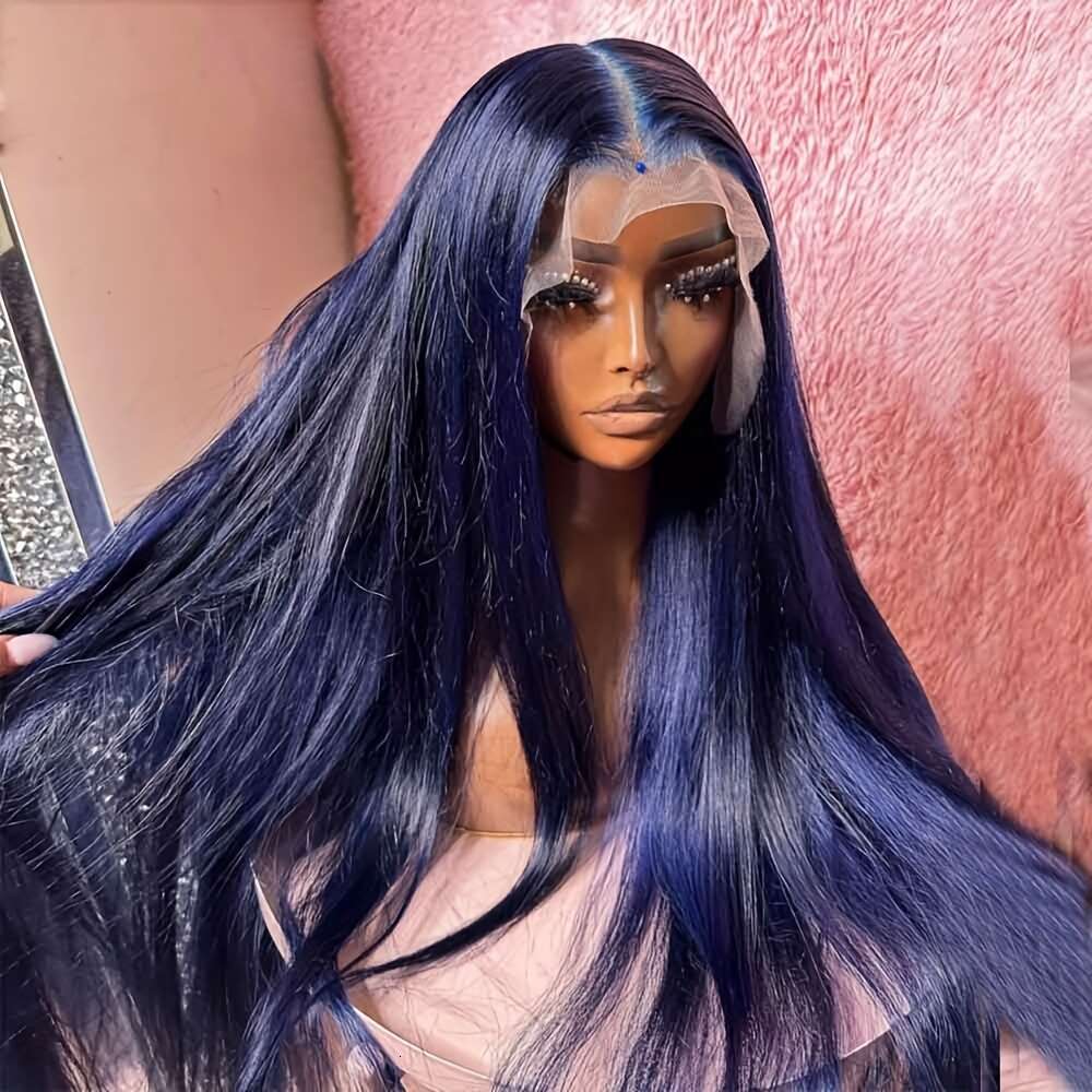 Long Dark Blue Navy Synthetic Wig Heat Resistant Up Glueless Lace Front Preplucked Hairline 180% Density Voluminous Straight Hair For