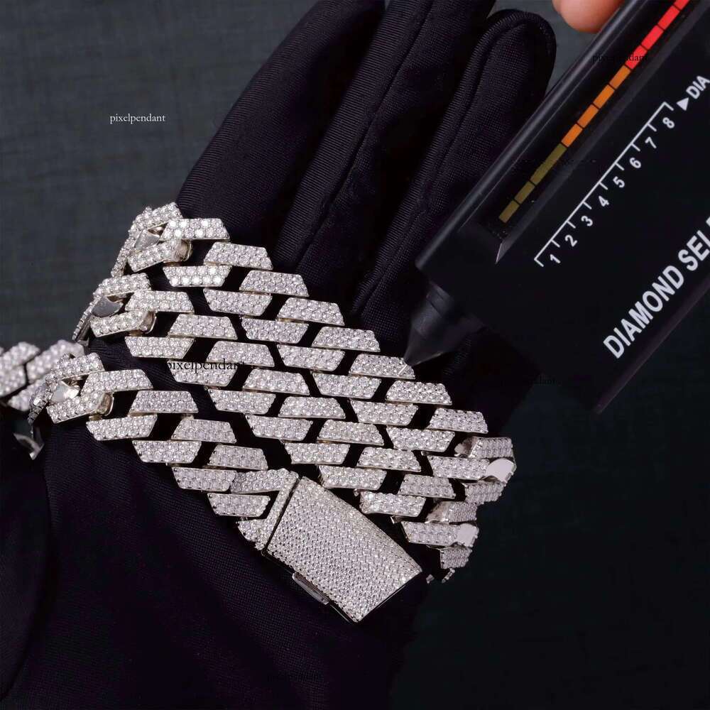 Hip Hop Jewelry 2rows 14mm VVS Dia Cuban Link Chain Sier Moissanite Necklace