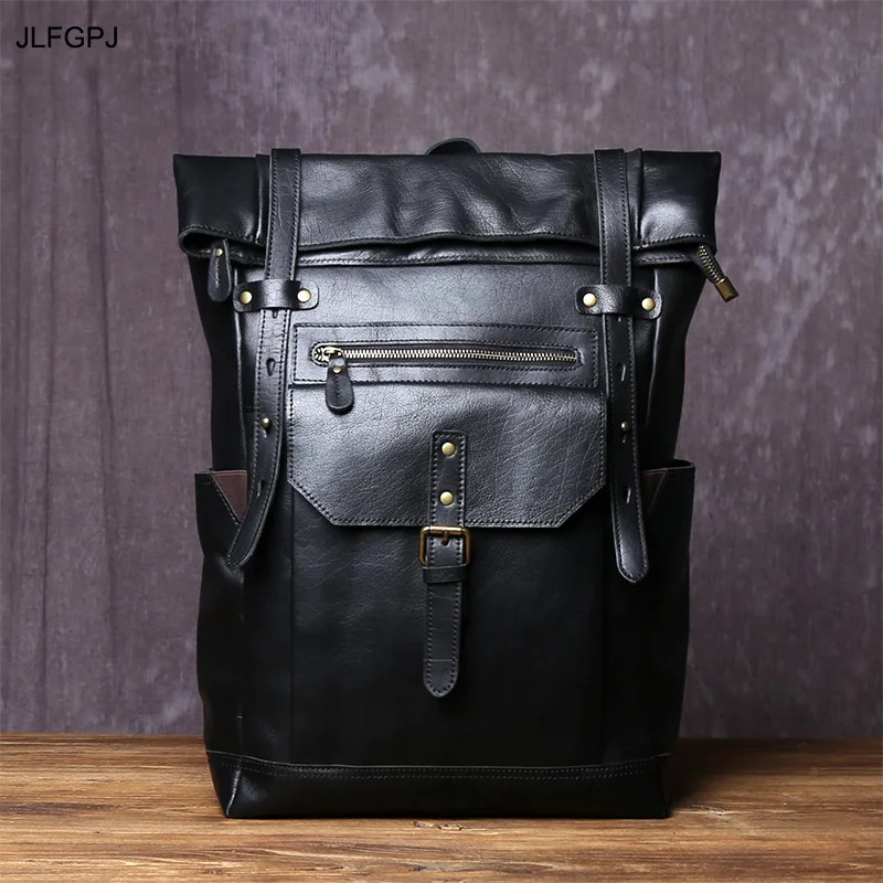 JLFGPJ Mens Large Capacity Backpack Sports Style Genuine Leather Bag with 16inch Computer Compartment Top Cowhide n 251021