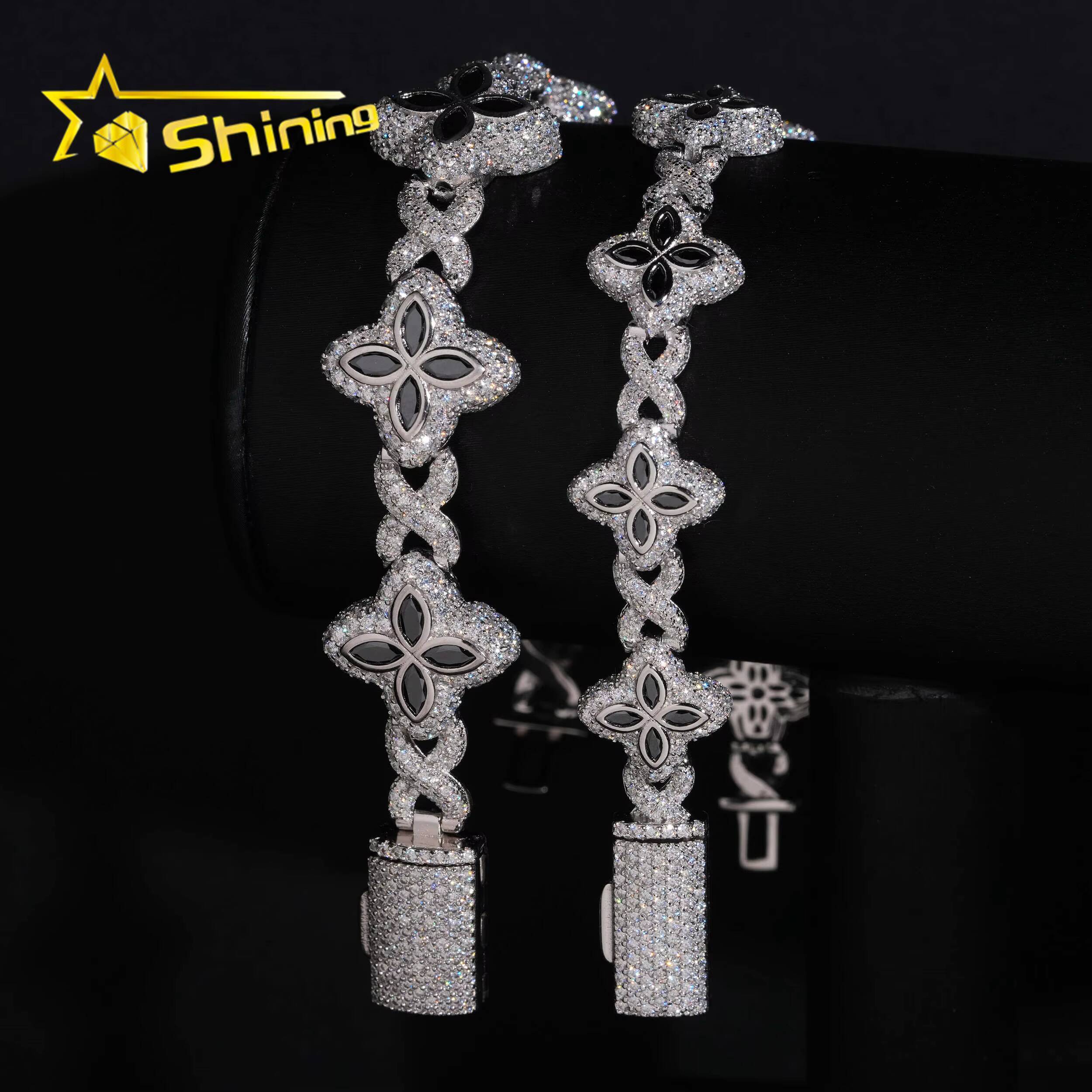 Hot Sale 15mm 18mm Black Color Moissanite Clover Bracelet Hip Hop Jewelry 925 Silver Iced Out Infinity Moissanite Cuban Bracelet