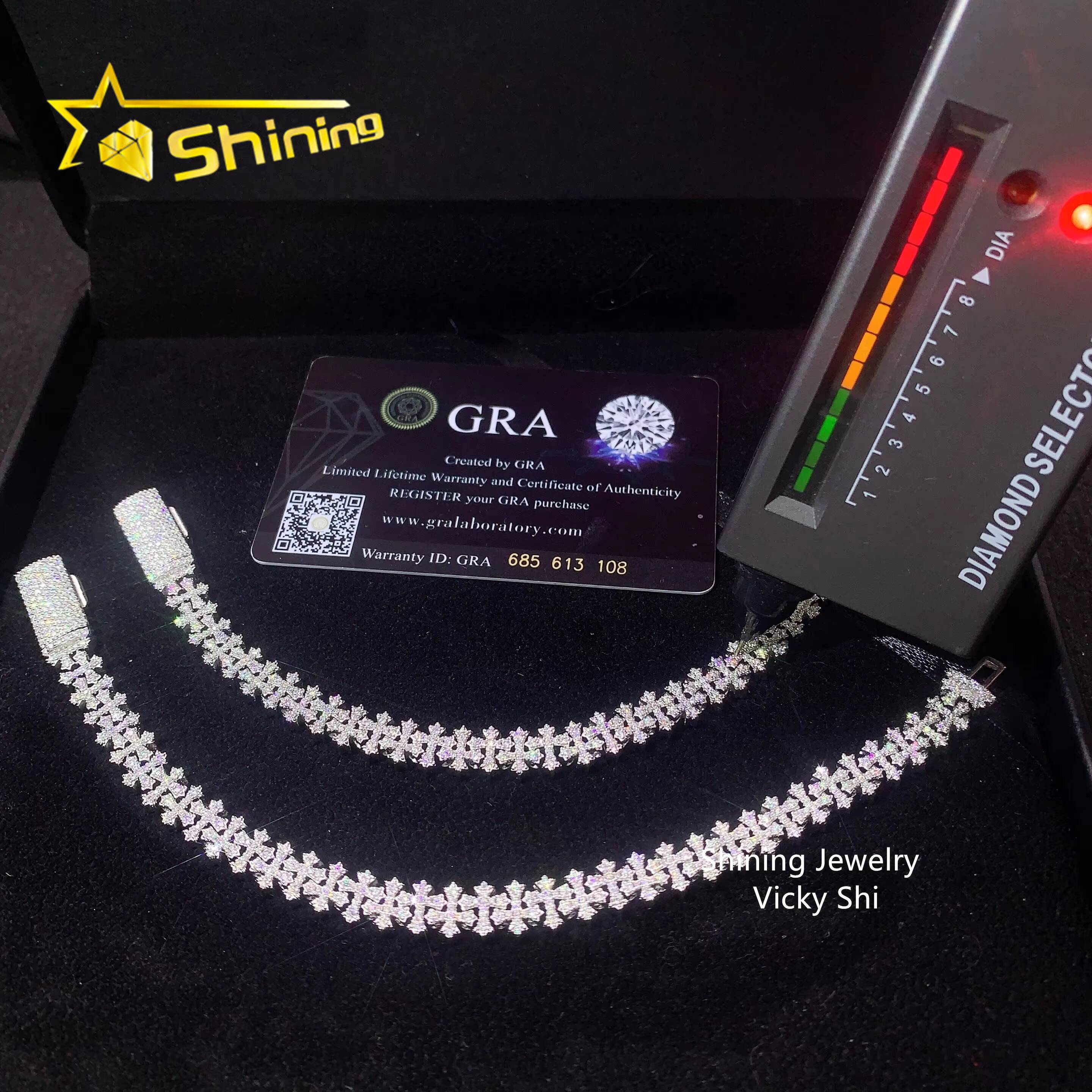 Fine Jewelry Hip Hop Iced 8mm Moissanite Cross Bracelet Pass Tester 925 Silver VVS Moissanite Diamond Cuban Link Chain