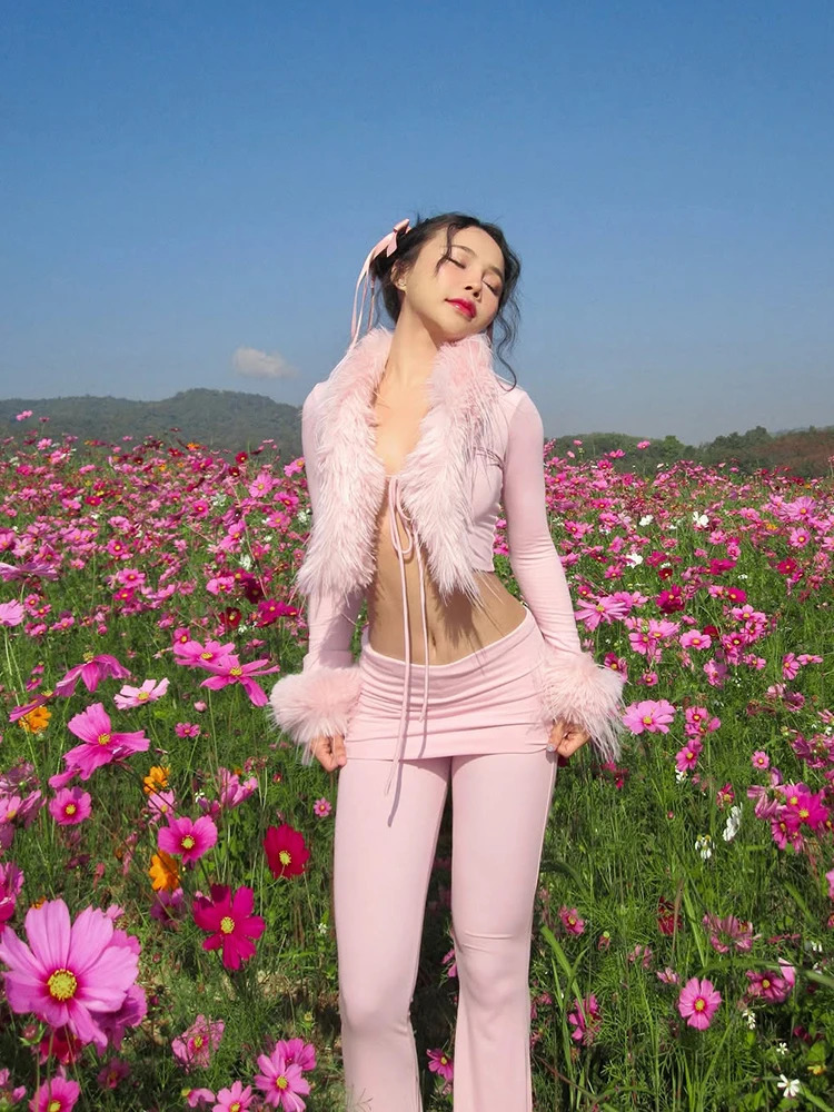 Nibber Sexy 2 Piece Set Women Patchwork Feather Bandages Bell sleeve Crop TopPeach Hip Flare Pants Stretch Party Streetwear 251027