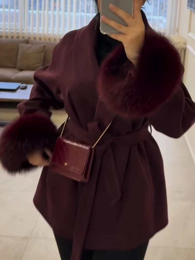 Elegant OL Office Lady Overcoats Fur Patchwork Long Sleeve Woolen Coat Beautiful Womens Clothing Jacket Autumn Spring 251024