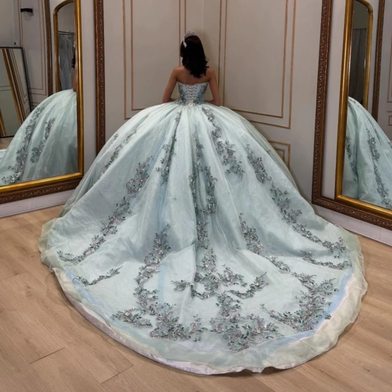 Aqua Blue Quinceanera Dresses Off The Shoulder Sequin Applique Lace Beads Tull Party Birthday Sweet 16 Dress Vestidos 15