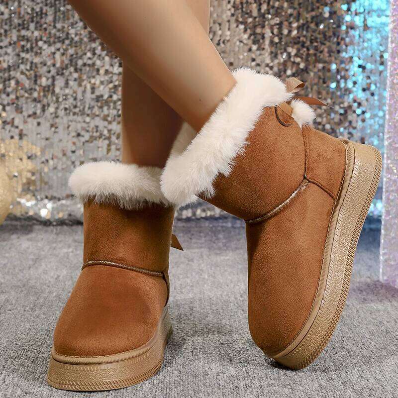 New Fashionable Bow Round Toe Elegant Snow Boots Winter Flat Wear-resistant Soft Students Plus Veet Warm Women's Shoes