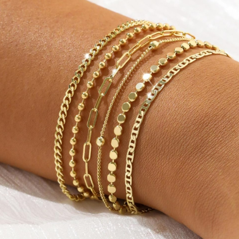 Gold Bracelet Women's Fashion Gold Plated Exquisite Stackable Paper Clip Cuban Chain Set Adjustable Bracelet 5-piece Set Holiday Gift 16+5cm
