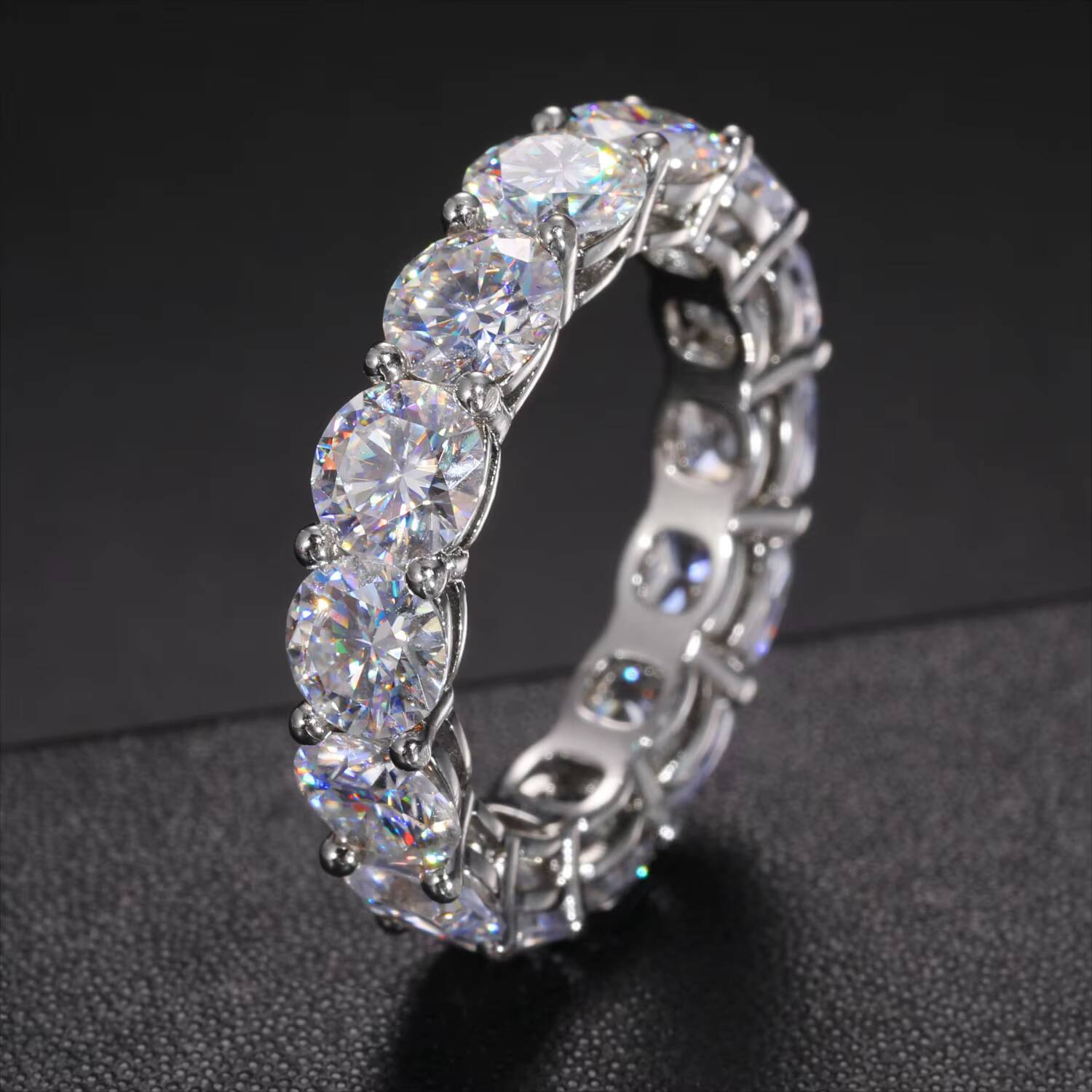 Wholesale Custom Wedding Jewelry White Gold Plated 925 Sterling Silver VVS Moissanite Diamond Tennis Eternity Engagement Ring