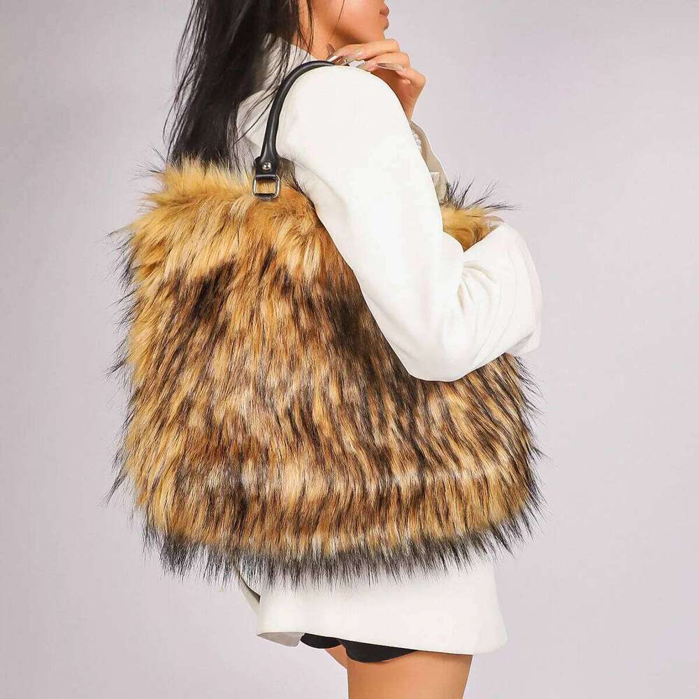 Large Plush Tote Faux Fur Shoulder Bag Winter Fluffy Designer Handbags Warm Soft Crossbody Bags For Women Shopper Purses