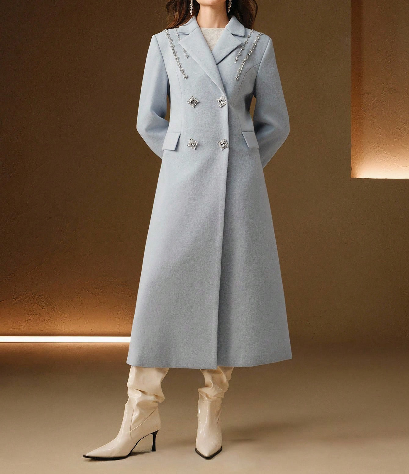 Elegant Crystal Long Coat For Women Warm Notched Lapel Double Breasted Jacket Only Blazer Custom Made