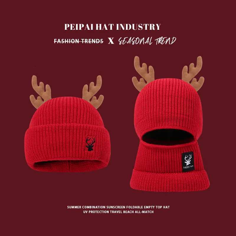 Christmas Balaclava Antler Foldable Two Way Knit Hat Red New Year Warm BeanieW251027