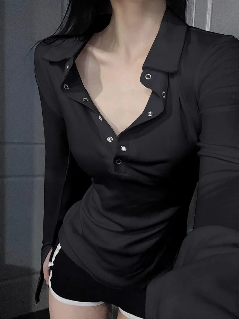 Bodycon Women Tshirts Long Sleeve Solid Color Turn Down Collar Sexy Simple Korean Style Ins Minimalist Prevalent Casual Chic 251027