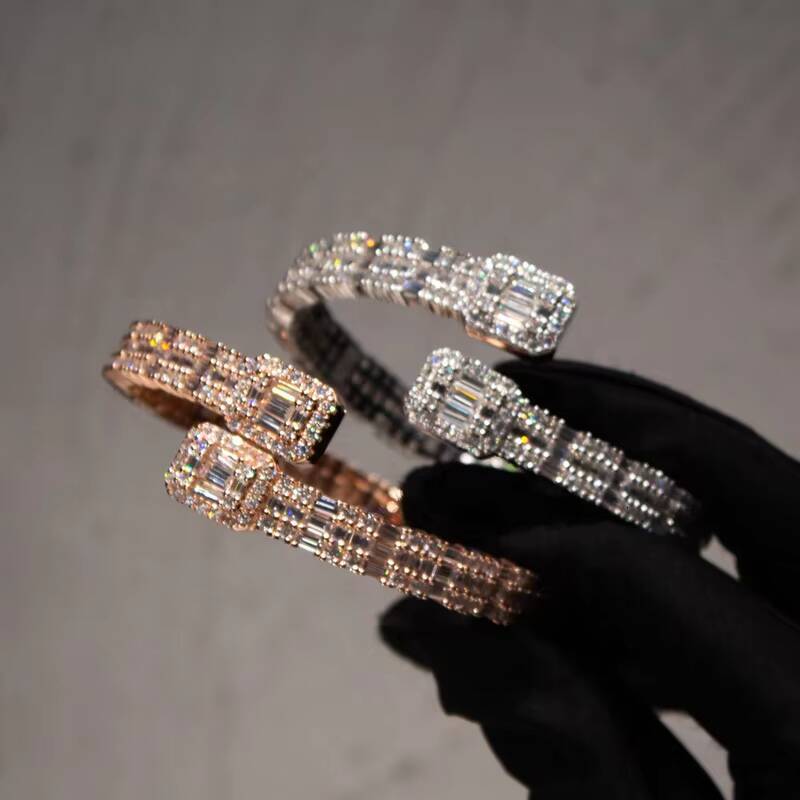2024 New Design Hip Hop Jewelry 925 Silver baguette Gold Plated Open Cuff Bangle Vvs Iced Out Moissanite Bracelet