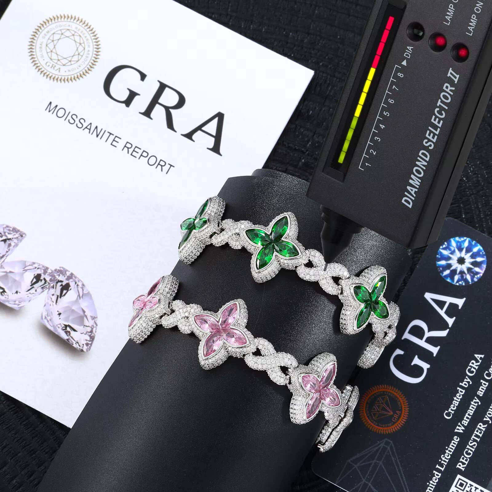 Fashion 21mm 925 Sterling Silver Colorful Marquise CZ VVS Moissanite Diamond Four Leaf Clover Infinity Cuban Link Bracelet