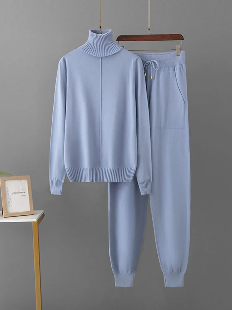 Candy Color Knitted 2 Piece Sets Women Turtleneck Knitwears Sweater Pullover Tops Conjuntos High Waist Casual Harem Pants Outfit 251013