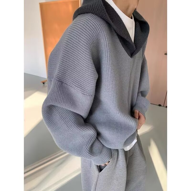 Autumn Winter Color-block V-neck Hooded Designer Sweater Knit Sweater Men's Lazy Style Trendy High Street Pullover Simple Sweater Jacket