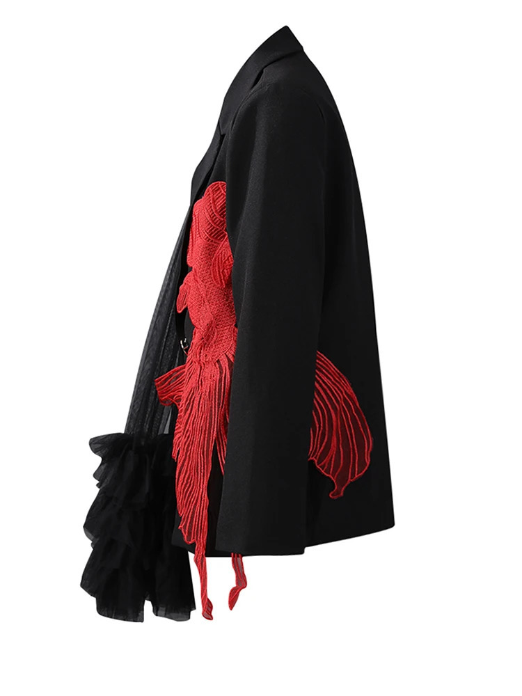 EAM Women Black Mesh Irregular Fish Spliced Big Size Blazer Lapel Long Sleeve Jacket Fashion Spring Autumn CPG2902 251027