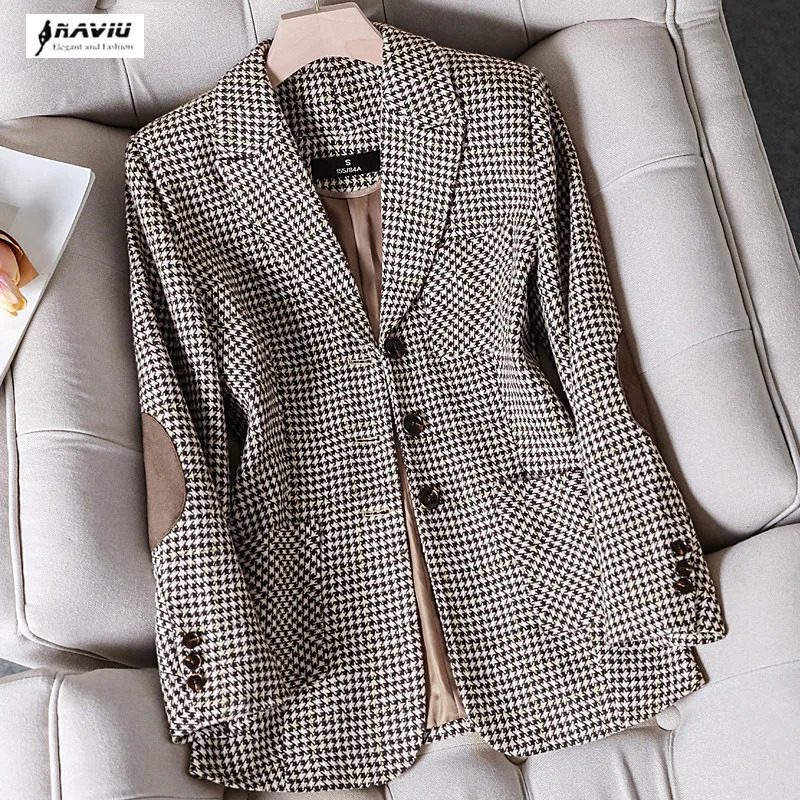 Coffee Plaid Blazer Women Tempeament Wool Long Sleeve Fashion Slim Jacket Office Ladies Work Coat Gray Tops 251027