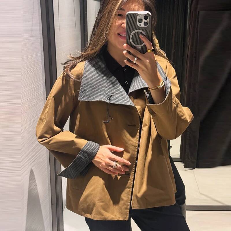 winter jacket women HXAO Women's Autumn Crop Reversible Trench New In Coat & Jacket Asymmetric Button High Neck Long Sleeve Windbreaker