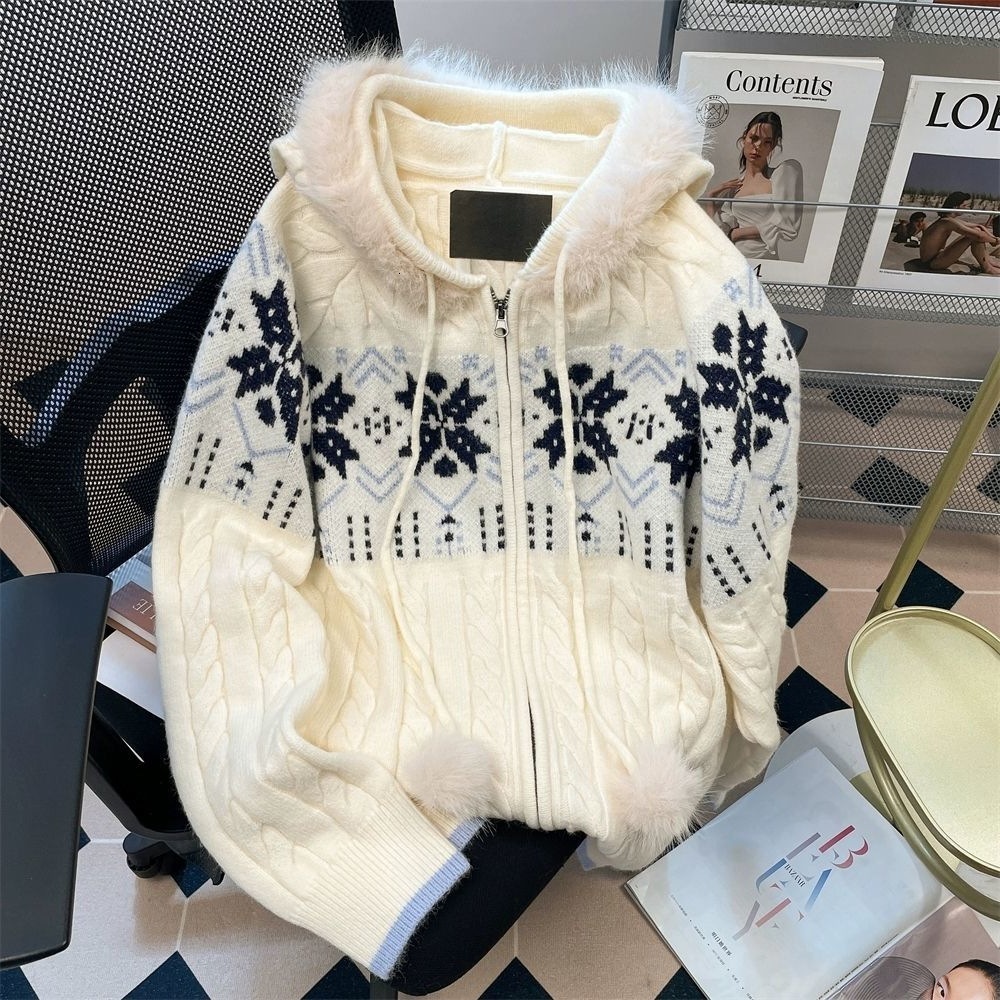 American Style Lazy HighEnd Feel Fur Collar Hooded Cable Knit Sweater Unisex Autumn Winter Korean Style Fair Isle Knitted Cardigan Coat