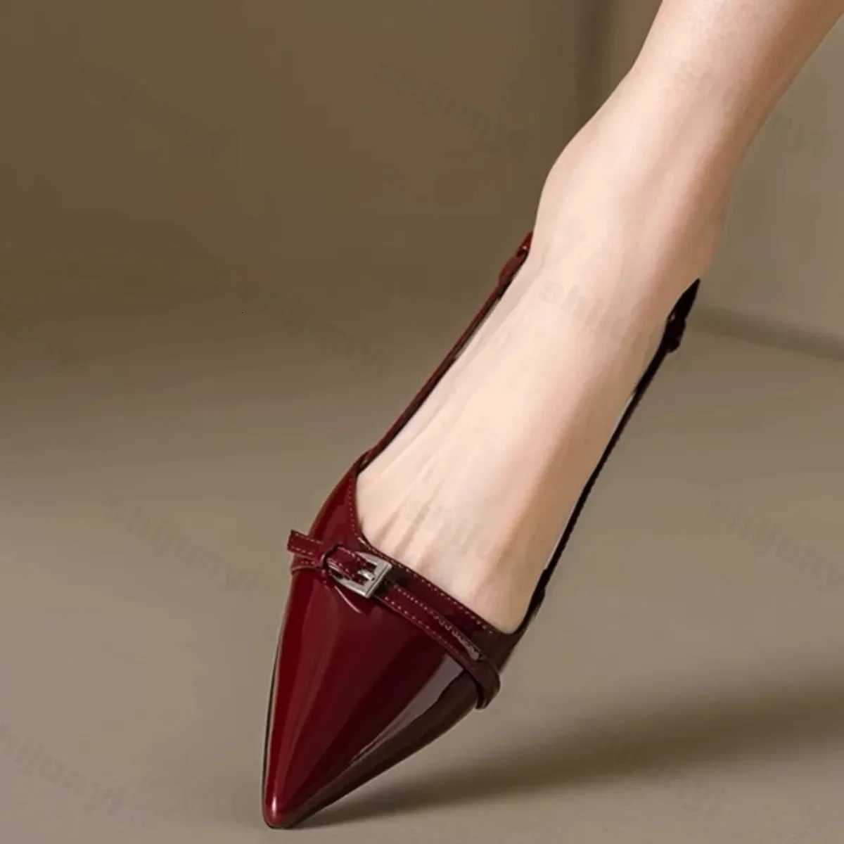 2025 New Summer French Wine Red Pointed Patent Leather Midheel Overhead Sandals for Women Skinny Heel Slingback PumpsXJ251027