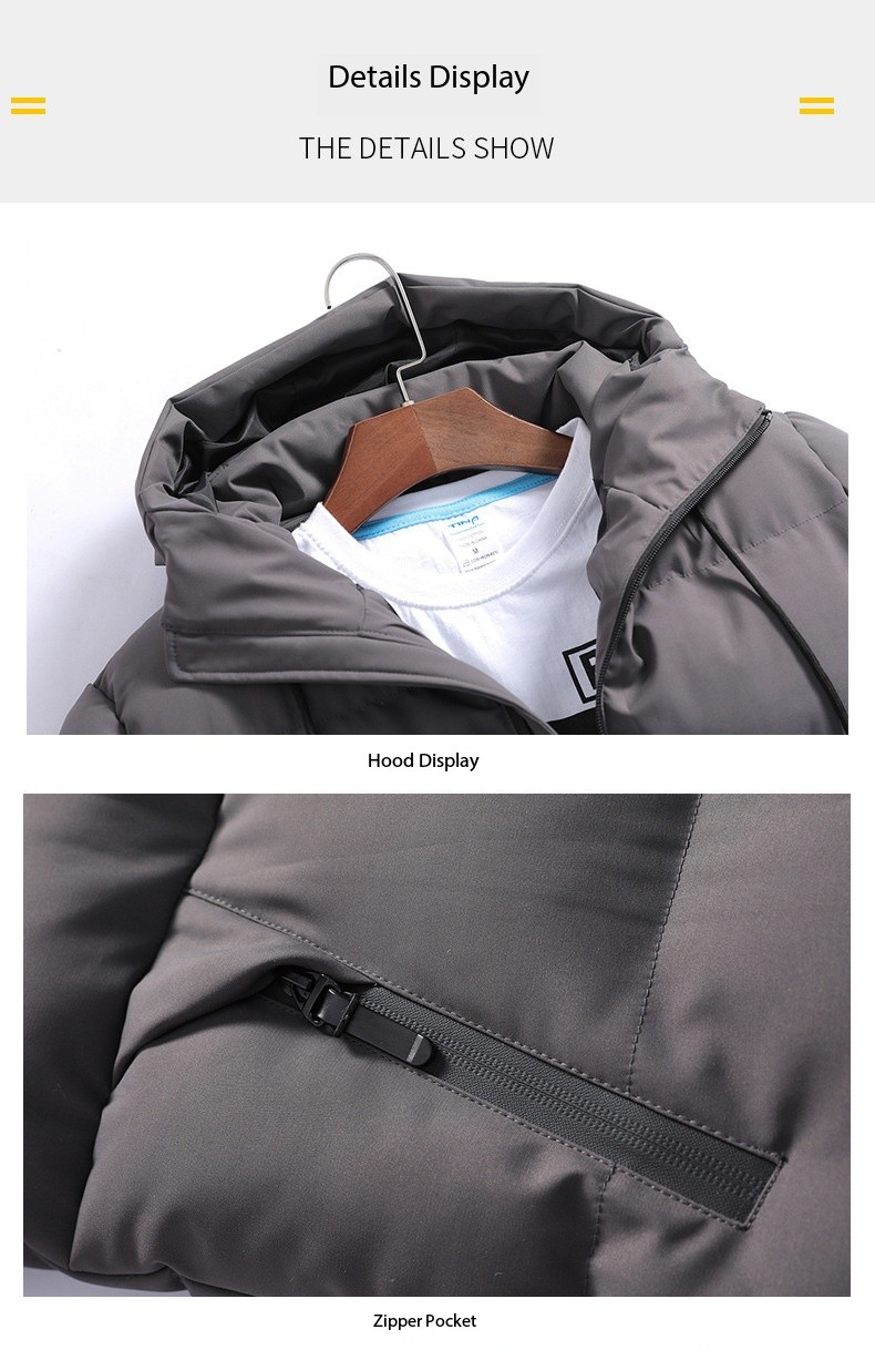 Men's Autumn Winter Thickened Black Cotton Padded Jacket, Detachable Hood Casual Coat, White T-Shirt Layering Quilted Design Warm Cotton Apparel 