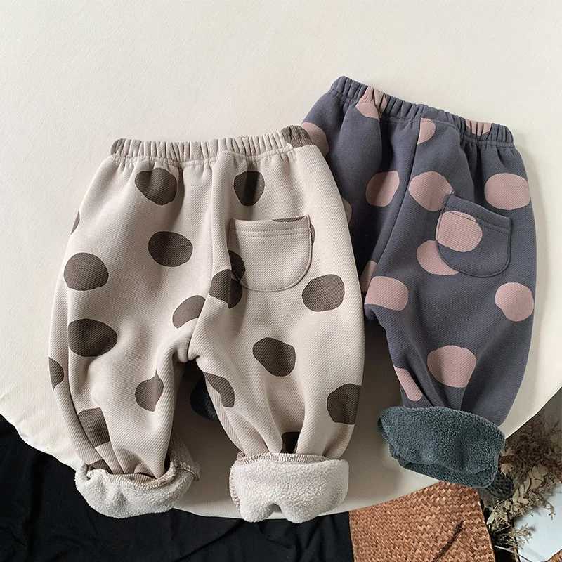2025 New Winter Children Dot Print Trousers Plus Velvet Thick Girls Harem Pants Baby Boys Fleece Casual Pants Kids ClothesT251027