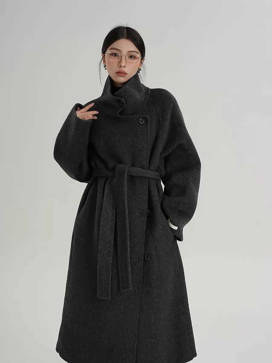 Advanced Gray Standing Collar Long Woolen Coat For WomenS Autumn And Winter Clothing New Fashionable DoubleSided Woolen Coat M251027