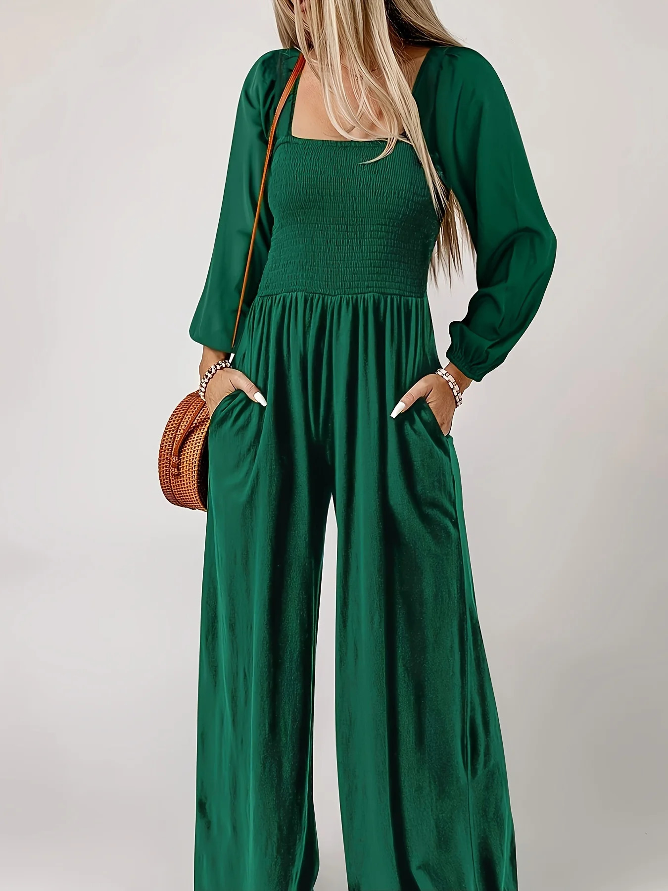 plus size solid color wide leg pants simple commuting style comfortable and casual womens high waisted jumpsuit 251027
