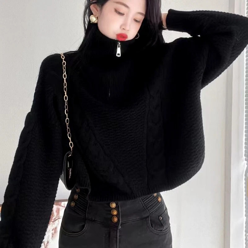 Fashion Women Long Sleeve High Neck Solid Color Looese Sweater Winter Elegant Casual Pullover Knitted Top Zipper Knitwear 251027