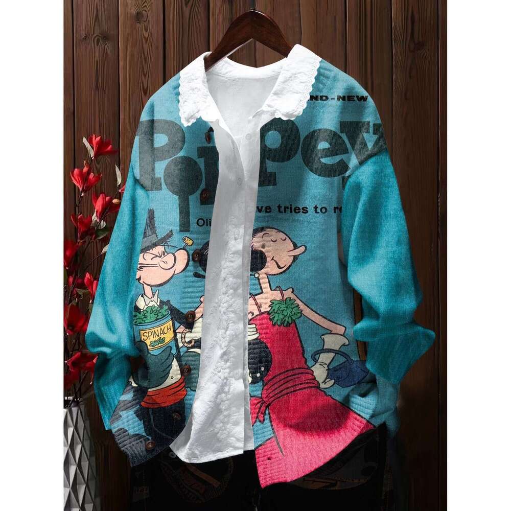 Women's Plus Size Popeye The Sailor Man Graphic Vintage Comic Sweater, Long Sleeve Round Neck Top Valentine's Day, Themed Parties & Everyday