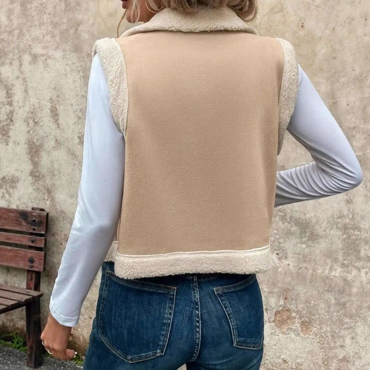 Women's Autumn Winter Short Loose Casual Sleeveless Fur-Lined Faux Wool Vest Jacket For Women 1fb3