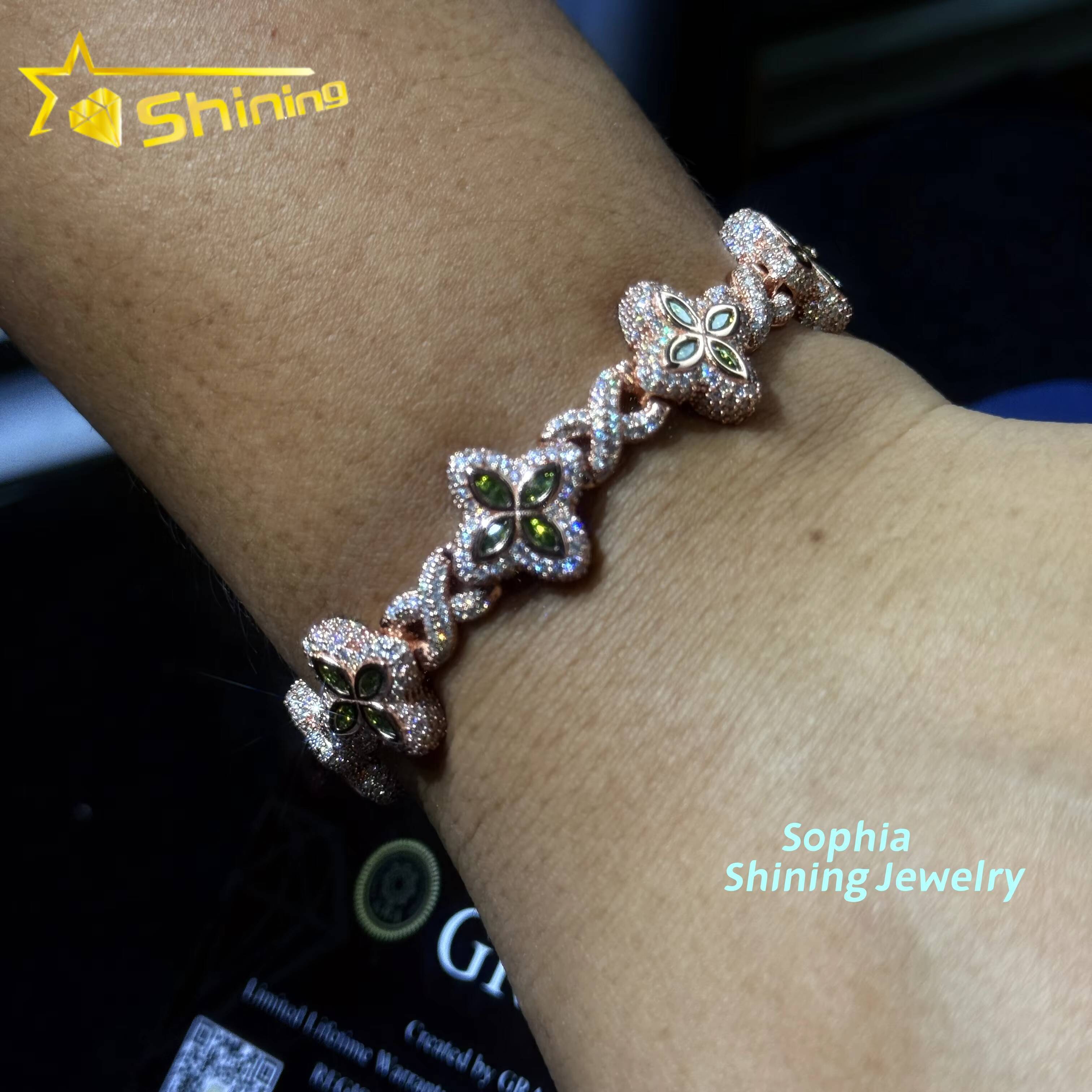 New Arrivals Fashion Jewelry 925 Sterling Silver Vvs Green Color Moissanite Diamond Four Leaf Clover Cuban Link Tennis Bracelet