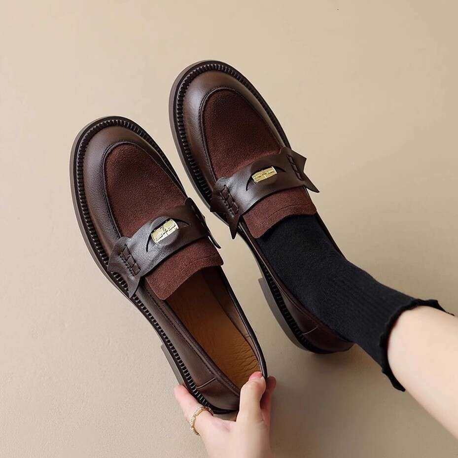 Genuine Brown Loafers Mid-Heel Single 2025 New European British Style Chunky Heel Versatile Small Leather Shoes