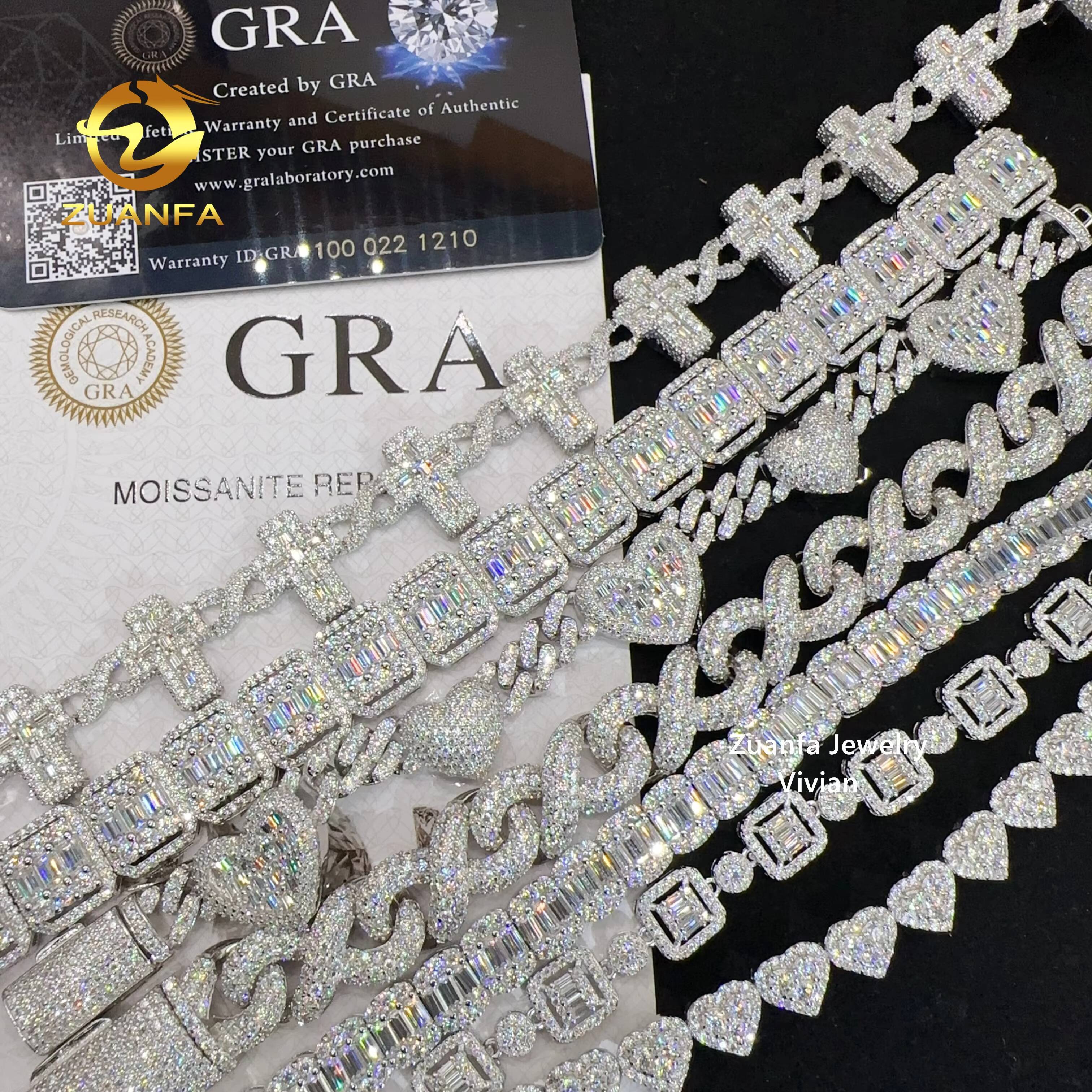 Zuanfa Jewelry Sterling Silver 925 VVS Moissanite Iced Out Diamond Hip Hop Jewelry Cross Cuban Bracelet Men