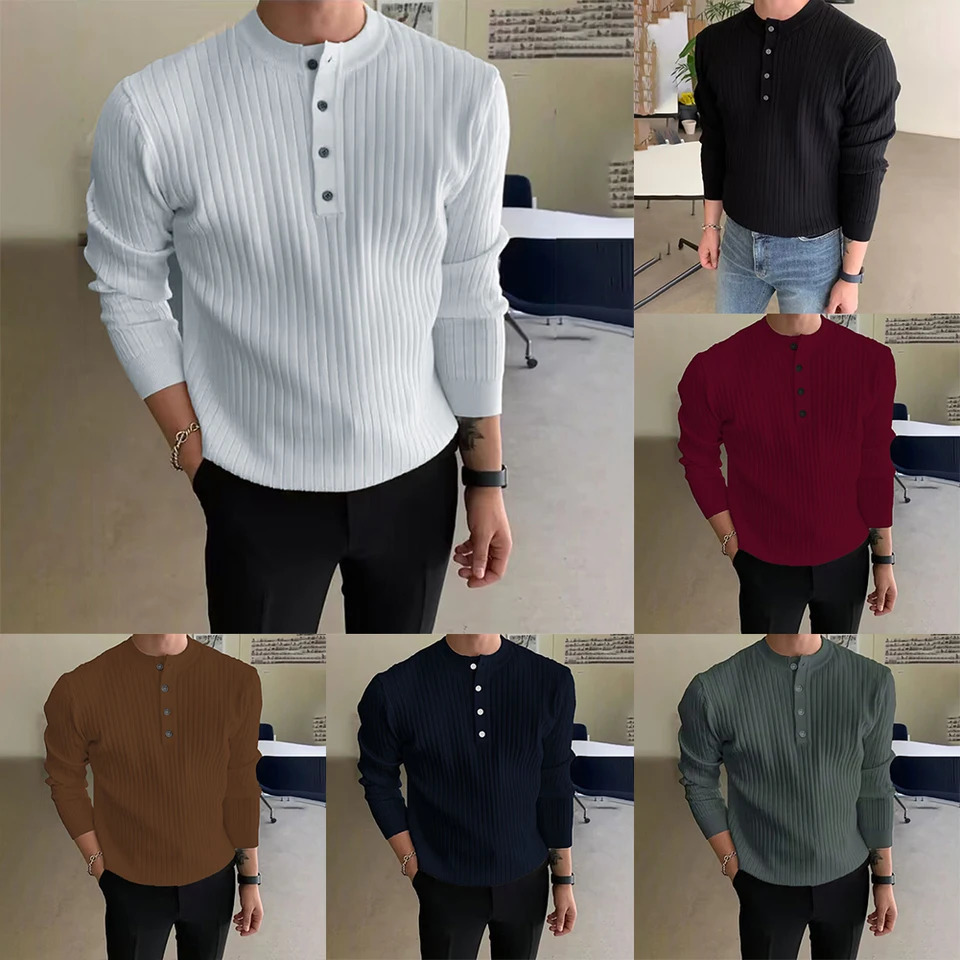Men Winter Half Turtleneck Button Neck Long Sleeve Sweater Top Knitwear Pullover Causal Fashion Solid Color Tops 251016