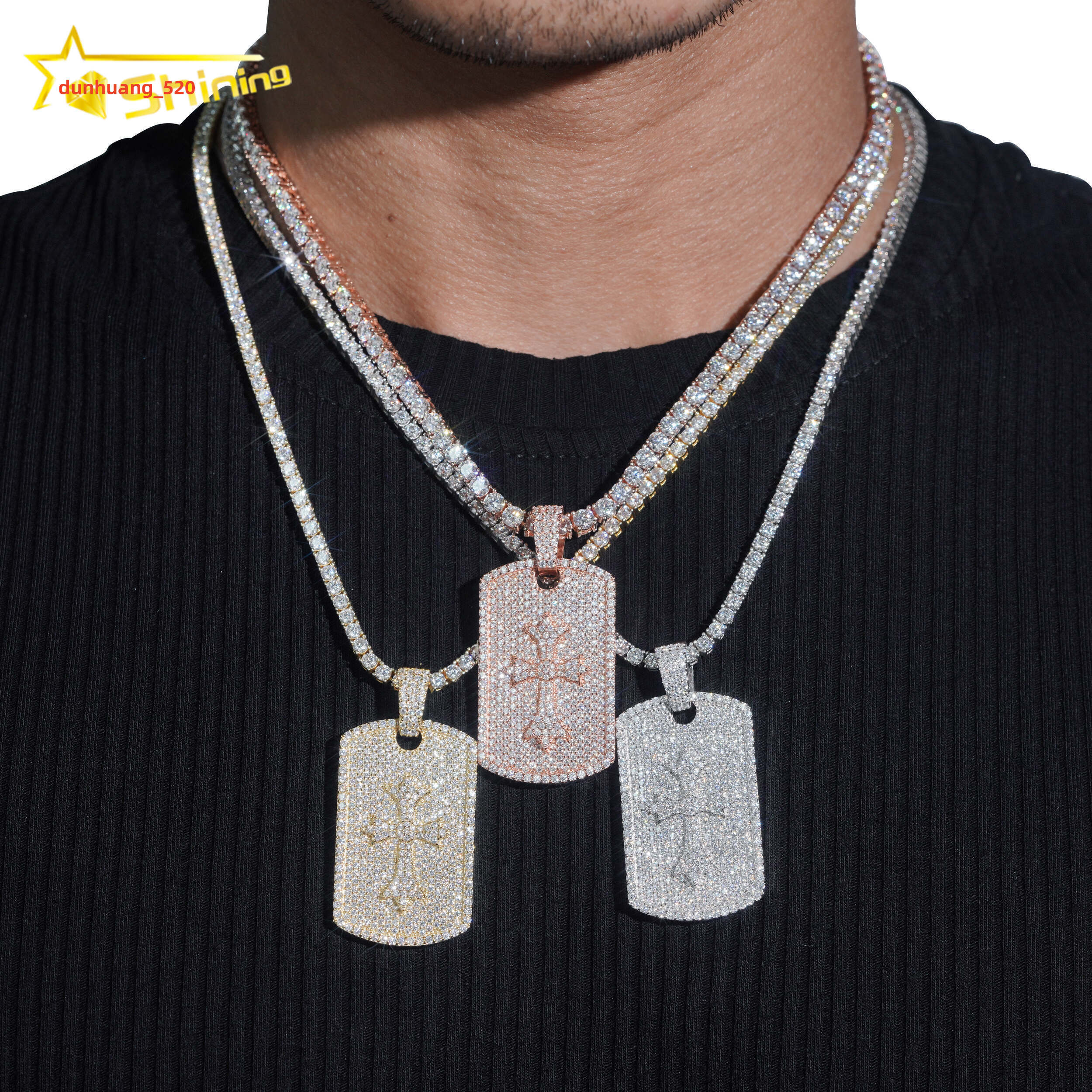 Hot Sale RTS Cross Tag Charm Necklace 925 Sterling Silver VVS Moissanite Pendant Iced Out Diamond Pendant Fine Jewelry