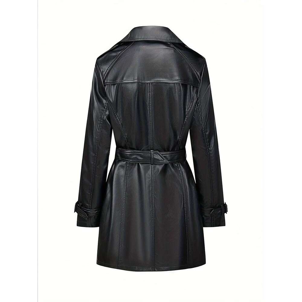 Elegant Windbreaker Lightweight PU Windbreaker Women's Jacket | Elegant Mid-Length Belted Coat With Adjustable Waist, Solid Black For Spring/Fall