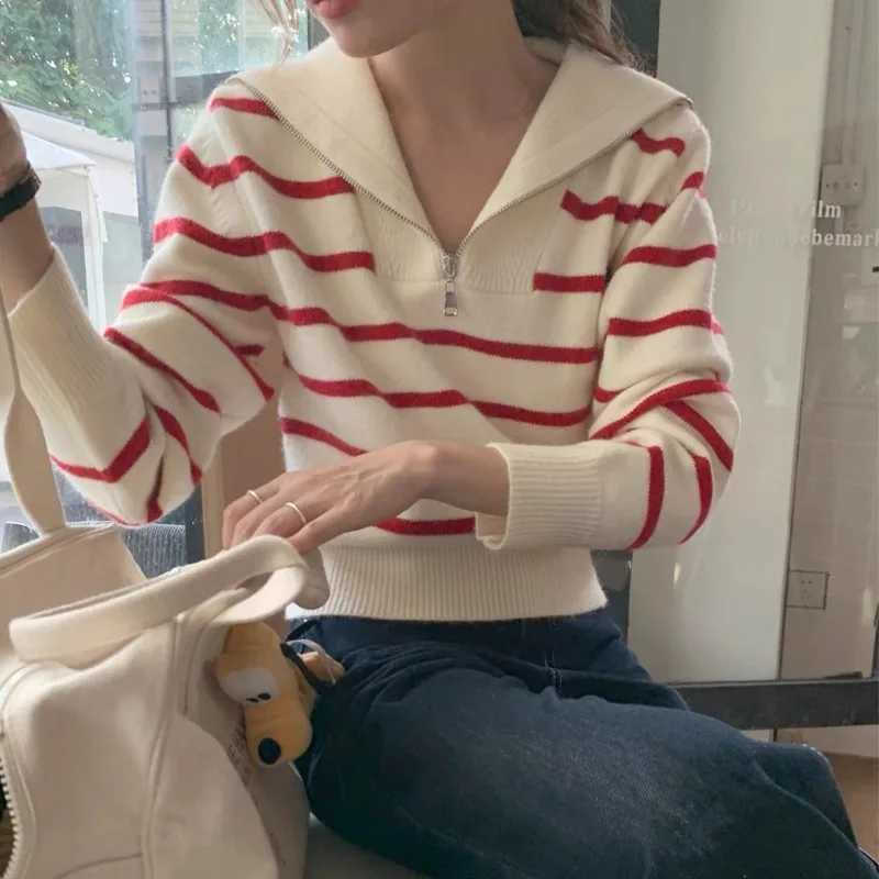Fashion New Autumn and Winter Striped Zipper Turn Down Collar Womens Long Sleeve Sweater Elegant Casual Straight Knitwear TopT251027